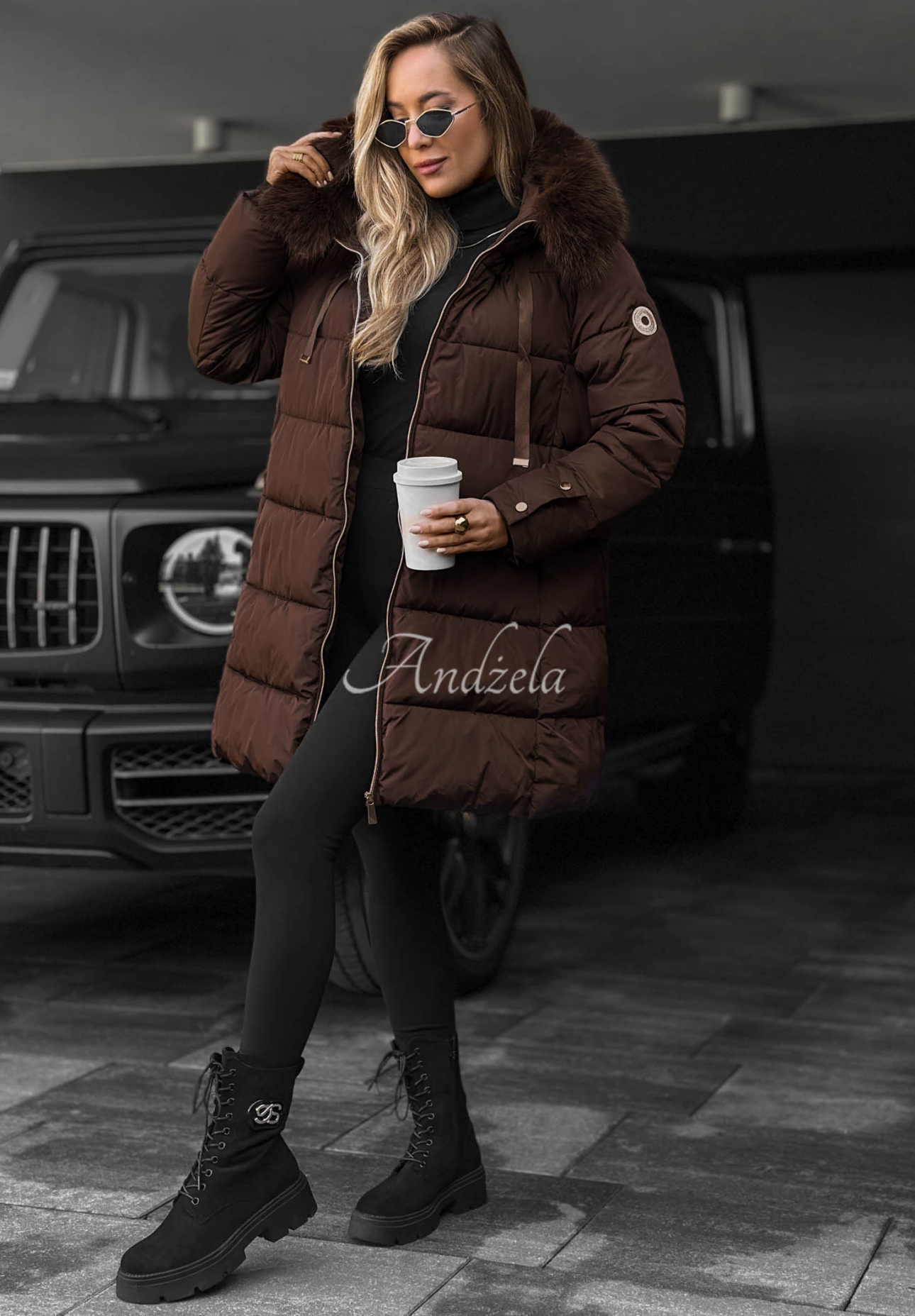 Winter Sunday Long Quilted Jacket with Fur Trim in Chocolate Brown