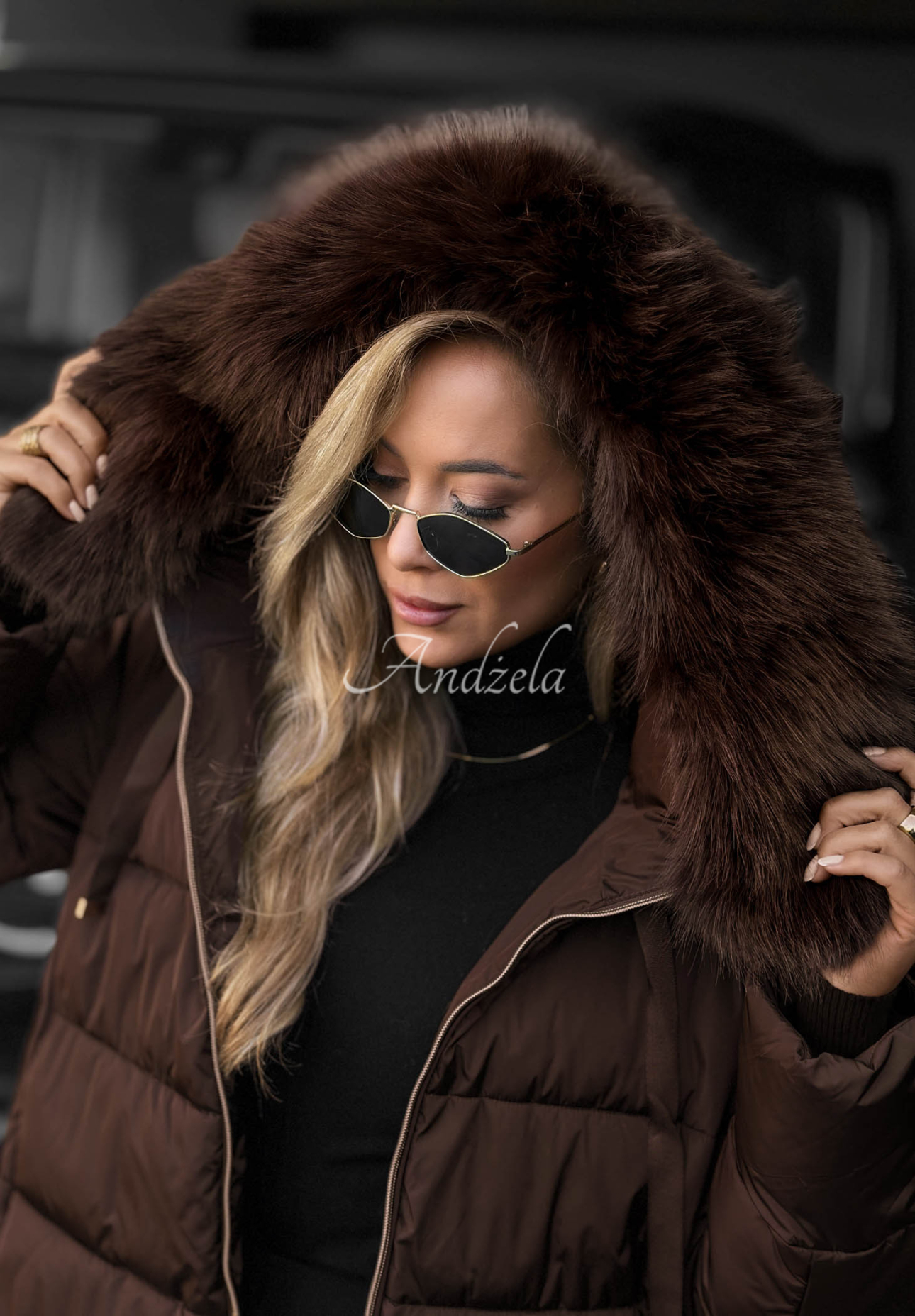Winter Sunday Long Quilted Jacket with Fur Trim in Chocolate Brown