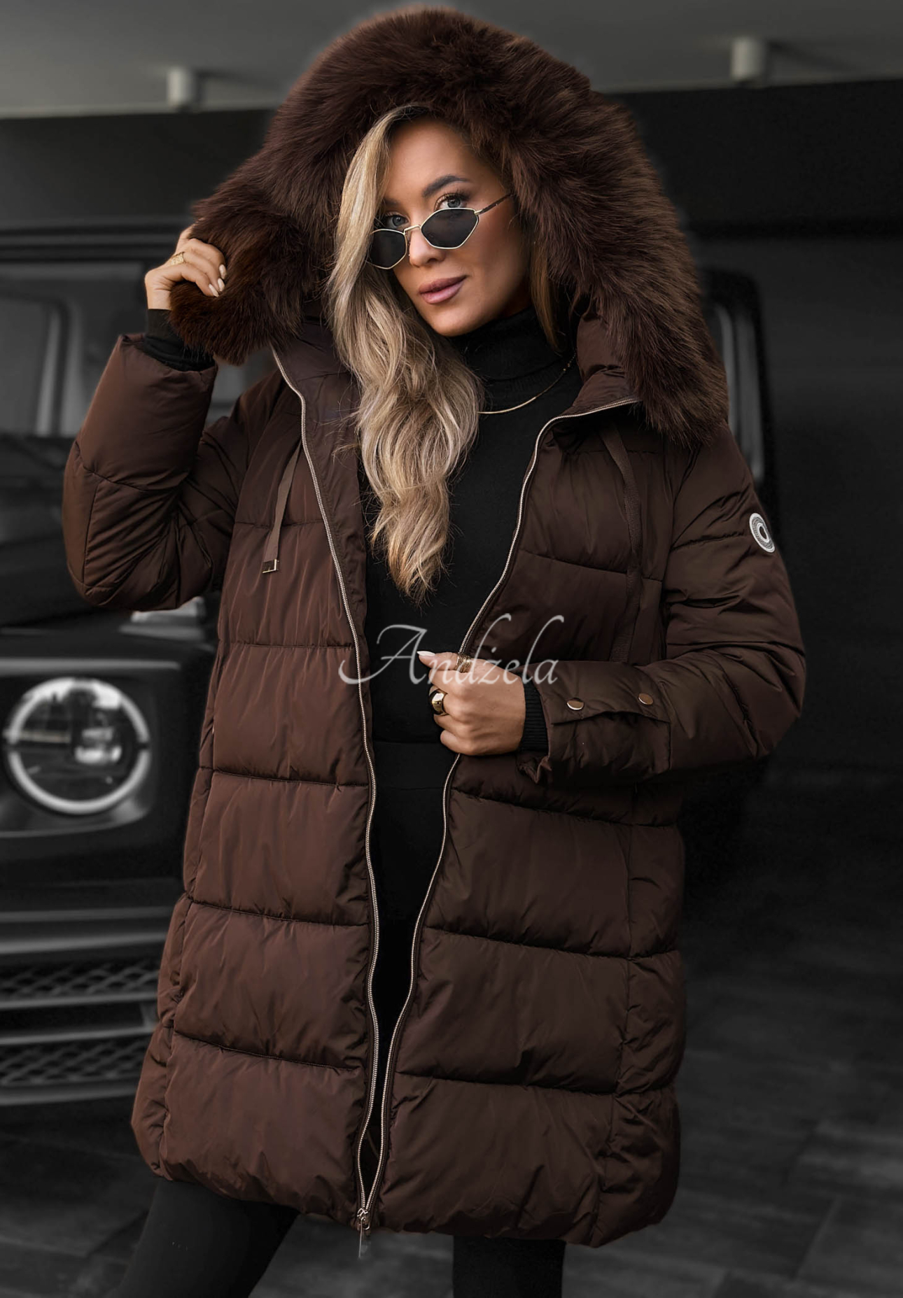 Winter Sunday Long Quilted Jacket with Fur Trim in Chocolate Brown
