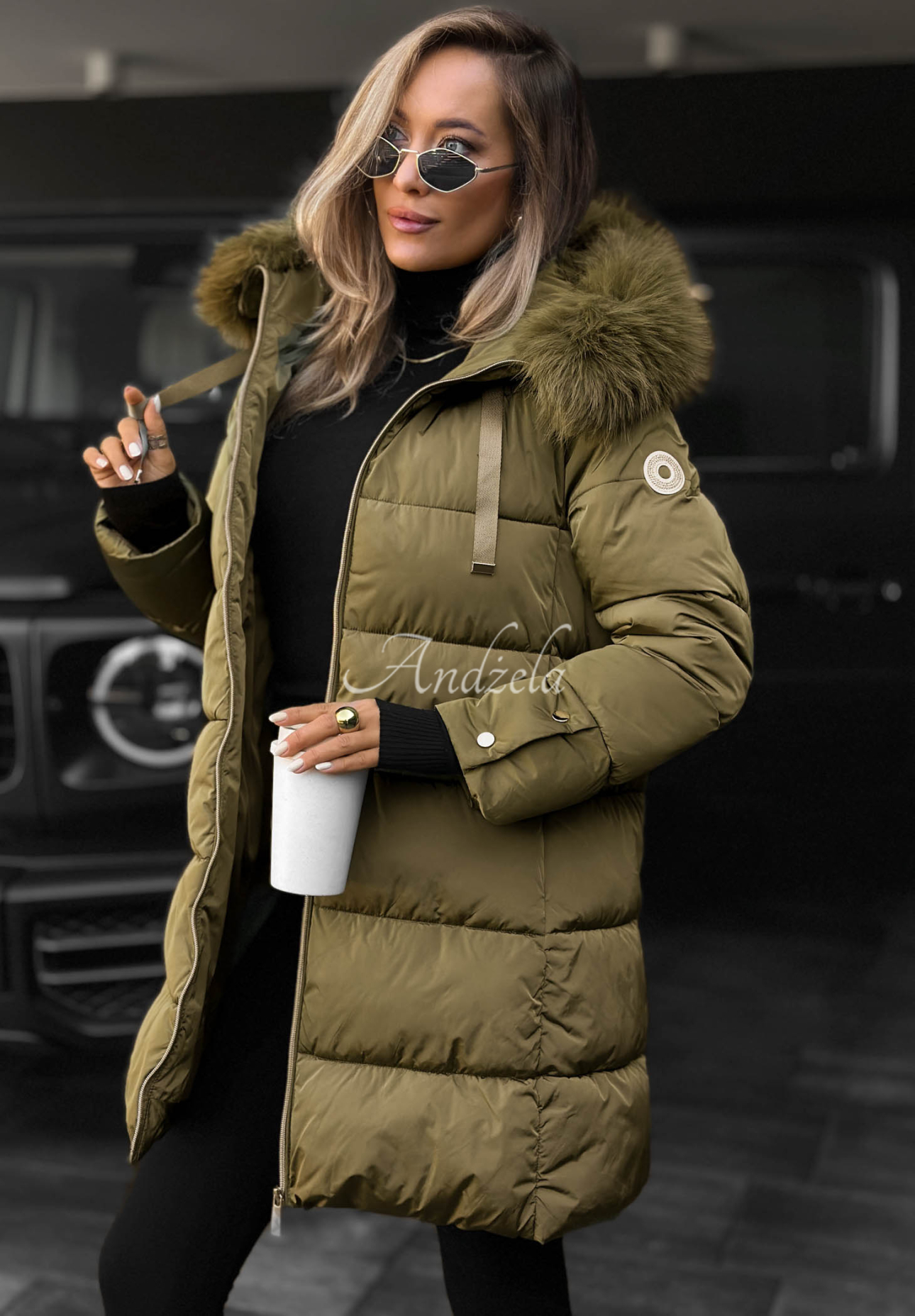 Winter Sunday Long Quilted Jacket with Fur Trim, Olive Green