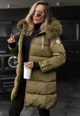 Winter Sunday Long Quilted Jacket with Fur Trim, Olive Green
