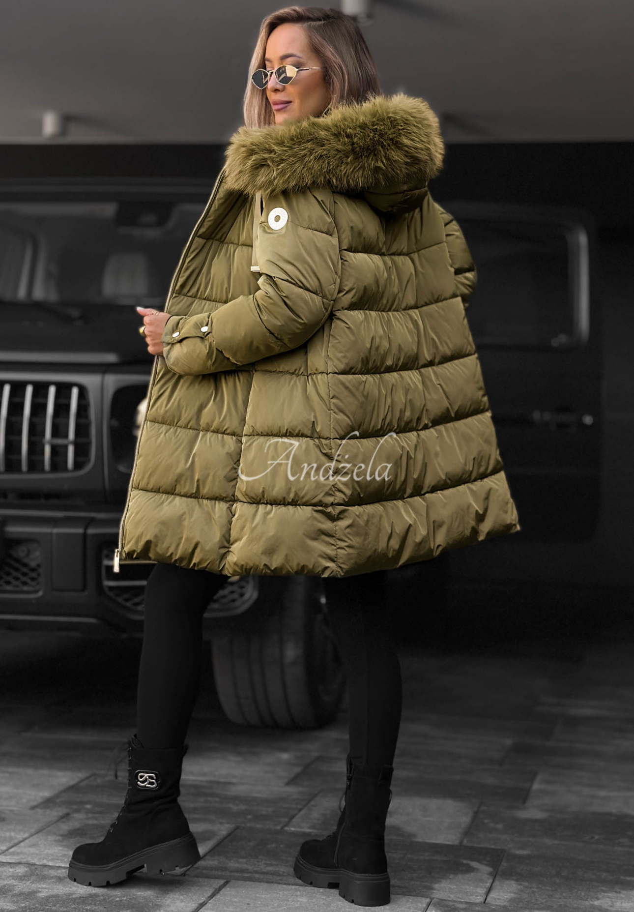 Winter Sunday Long Quilted Jacket with Fur Trim, Olive Green