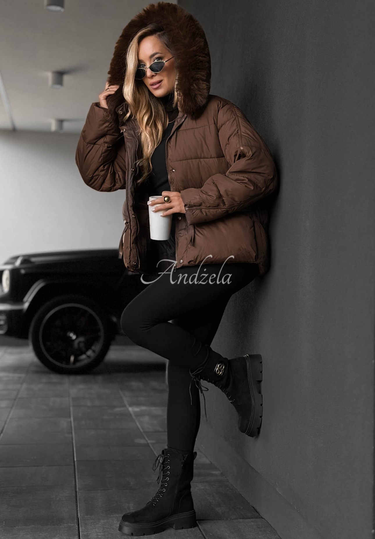 Ice River Short Quilted Jacket with Hood and Fur Trim in Chocolate Brown
