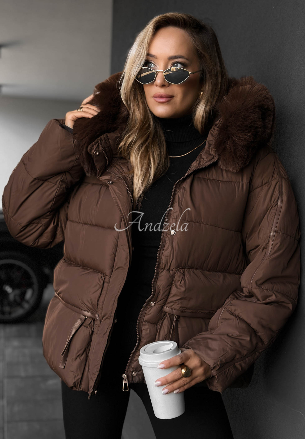 Ice River Short Quilted Jacket with Hood and Fur Trim in Chocolate Brown