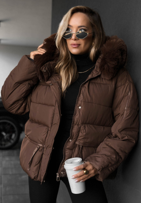 Ice River Short Quilted Jacket with Hood and Fur Trim in Chocolate Brown