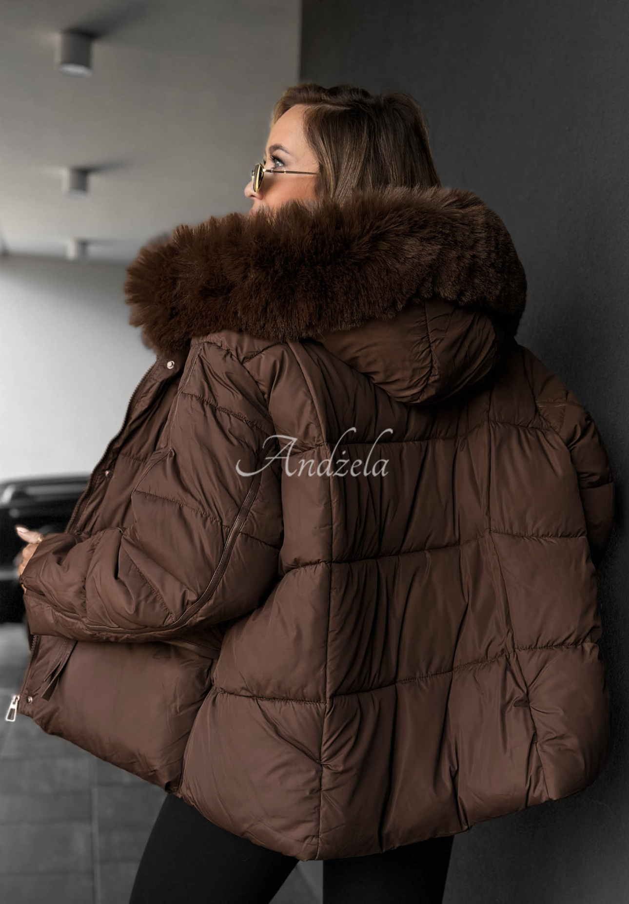 Ice River Short Quilted Jacket with Hood and Fur Trim in Chocolate Brown