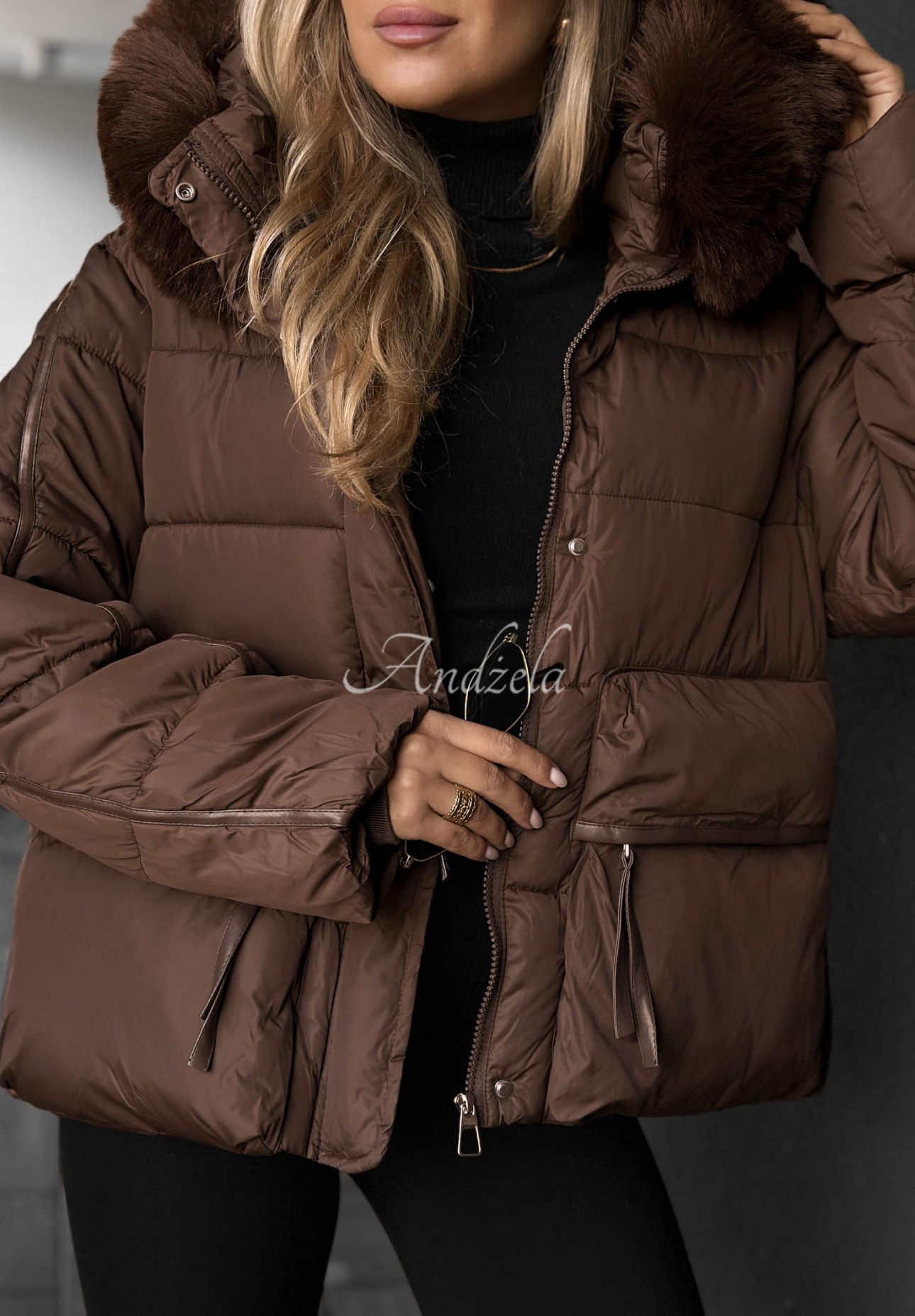 Ice River Short Quilted Jacket with Hood and Fur Trim in Chocolate Brown