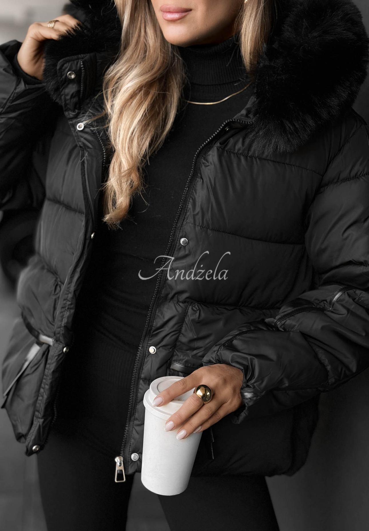 Ice River Short Quilted Jacket with Hood and Fur Trim, Black