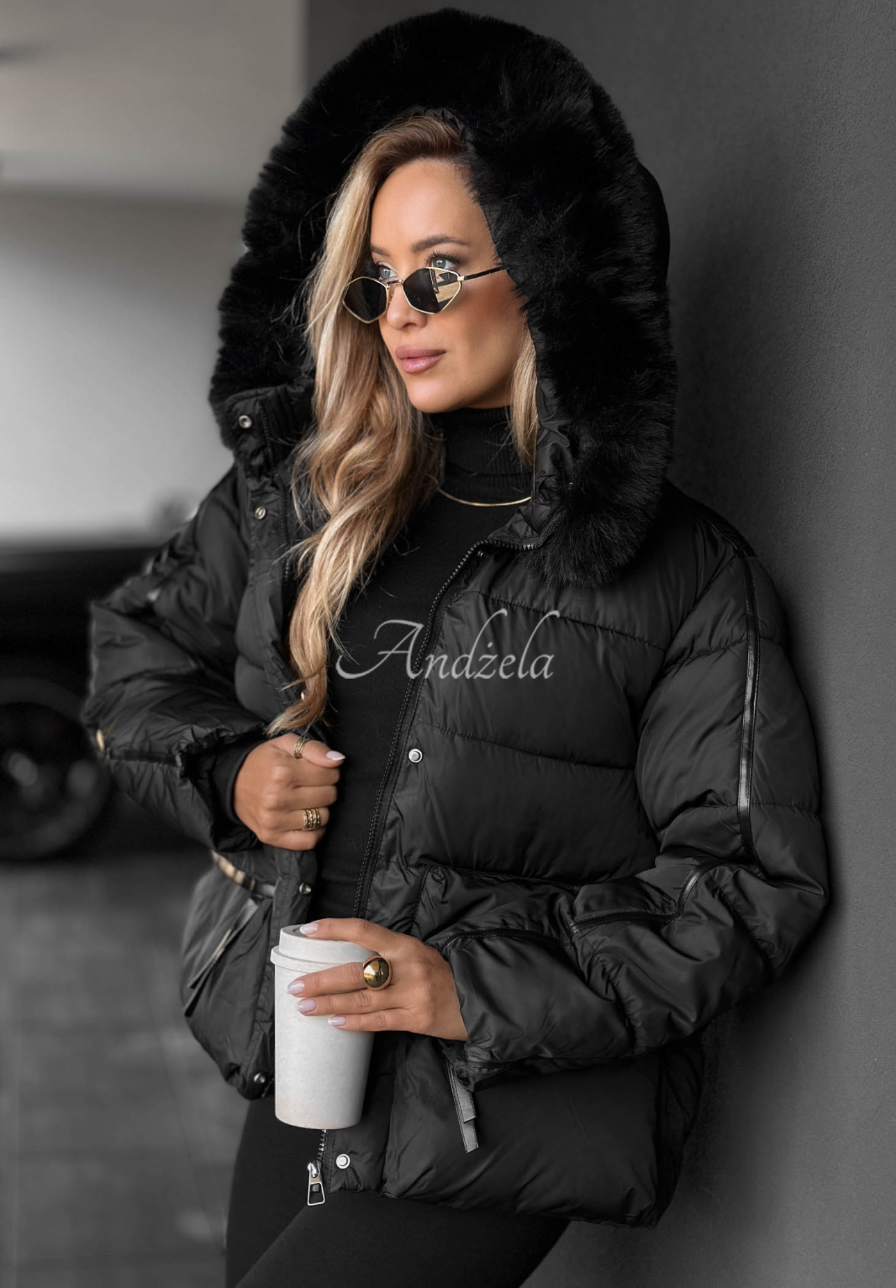 Ice River Short Quilted Jacket with Hood and Fur Trim, Black
