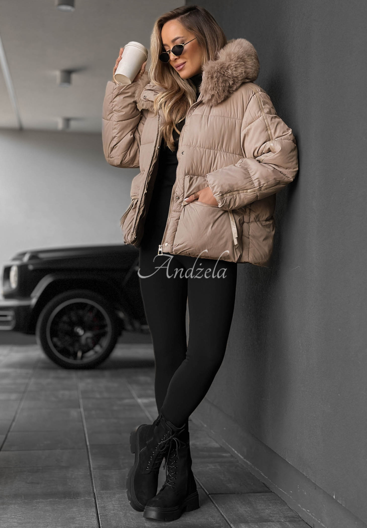 Ice River Short Quilted Jacket with Hood and Fur Trim, Beige