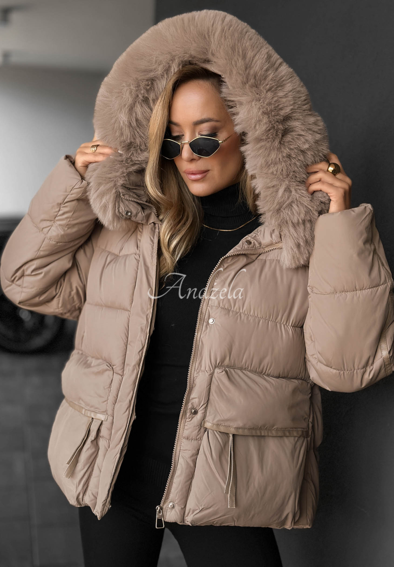 Ice River Short Quilted Jacket with Hood and Fur Trim, Beige