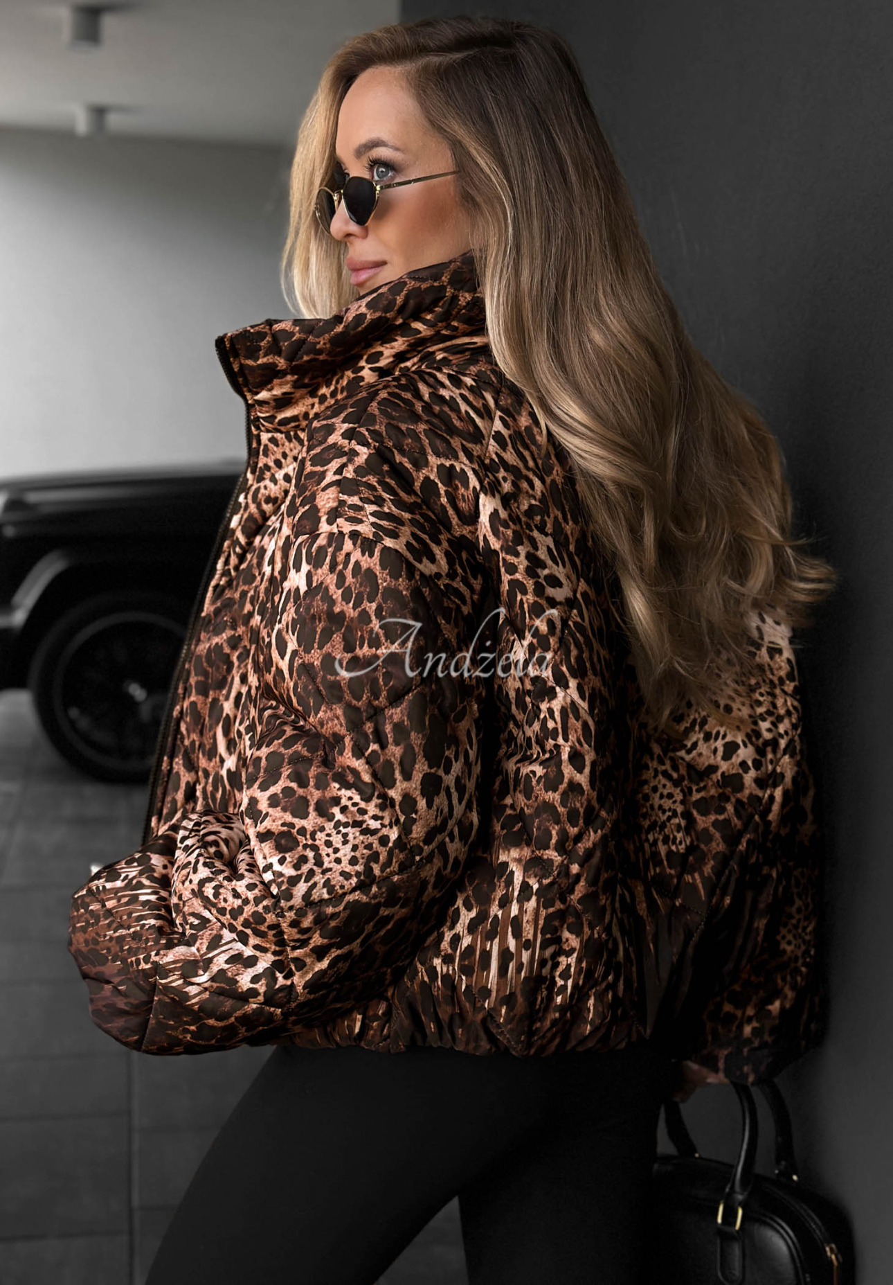 Wild Freeze Camel-Colored Quilted Leopard-Print Bomber Jacket