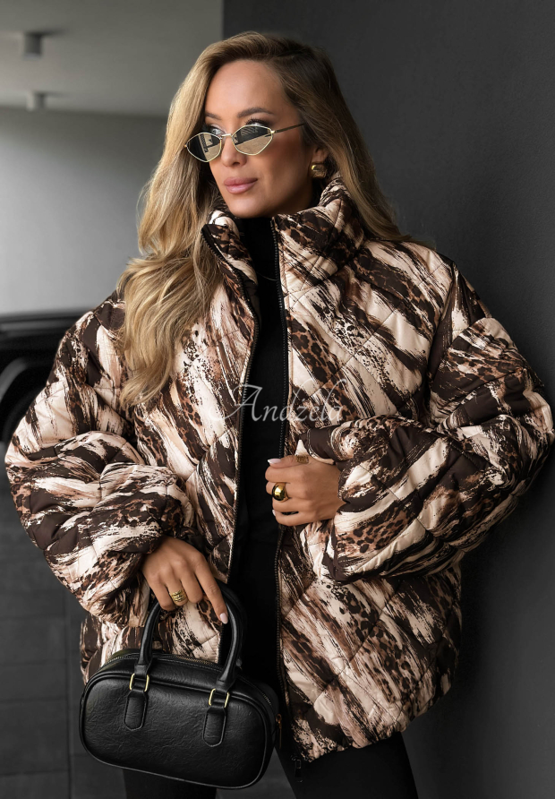 Fancy Freeze Light Beige Quilted Bomber Jacket with Animal Print