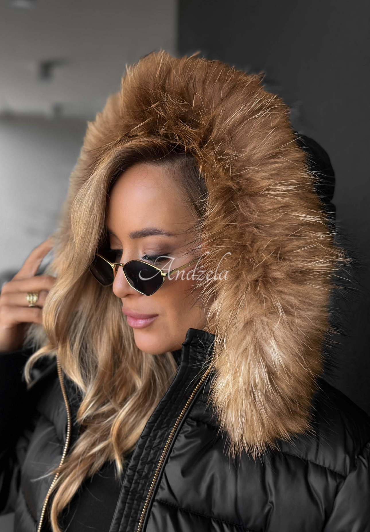 Afterglow Hours Long Quilted Jacket with Fur Trim, Black