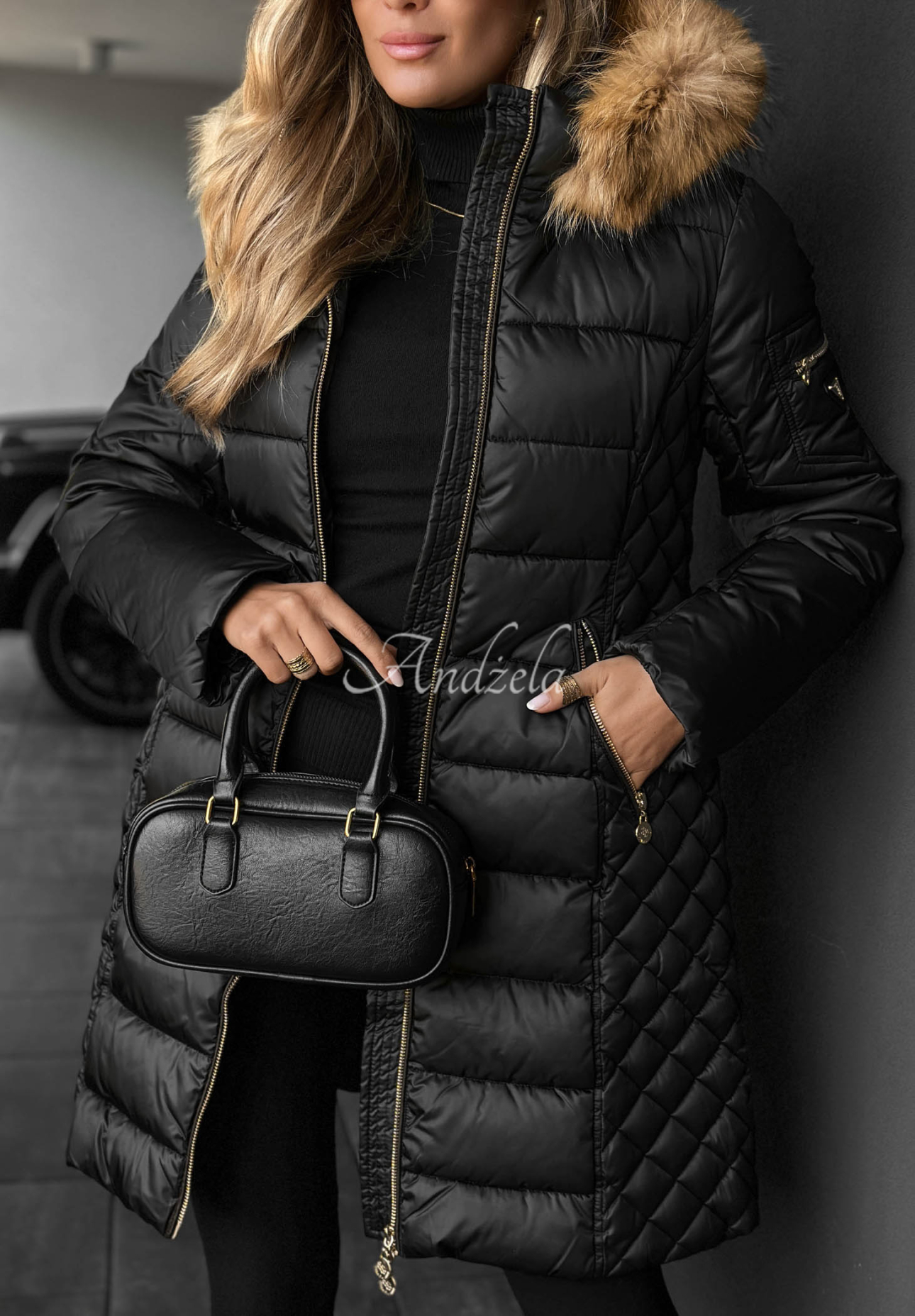 Afterglow Hours Long Quilted Jacket with Fur Trim, Black