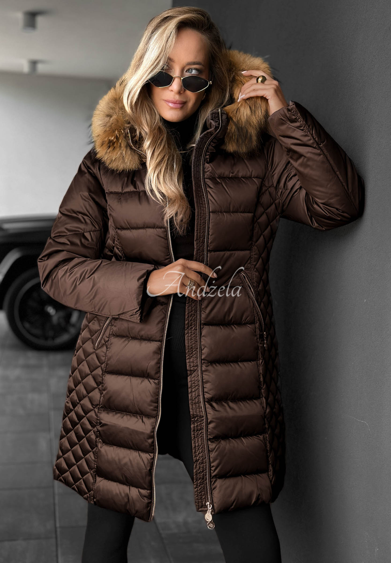 Afterglow Hours Long Quilted Jacket with Fur Trim in Chocolate Brown