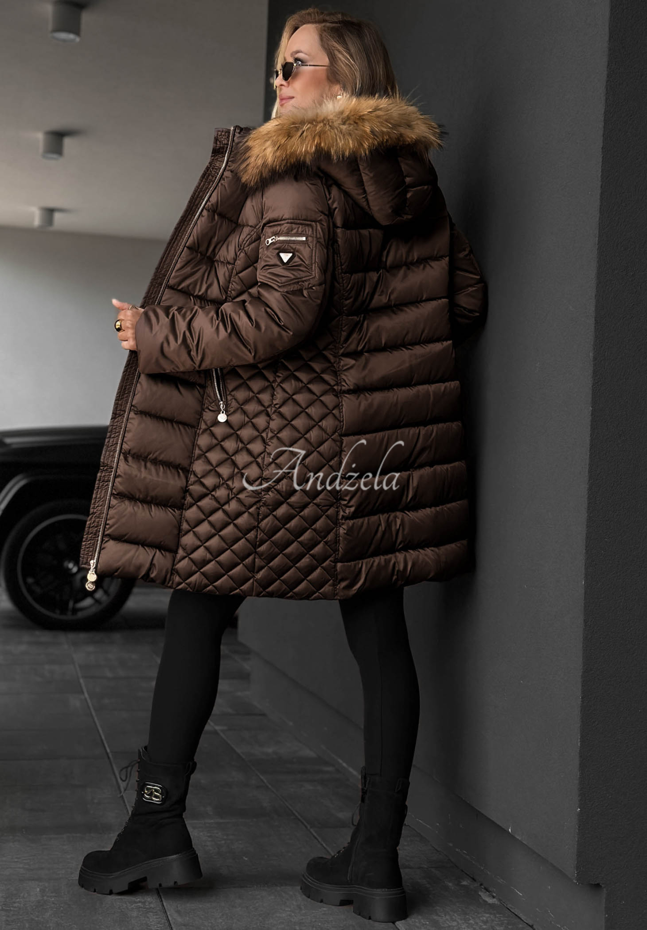 Afterglow Hours Long Quilted Jacket with Fur Trim in Chocolate Brown