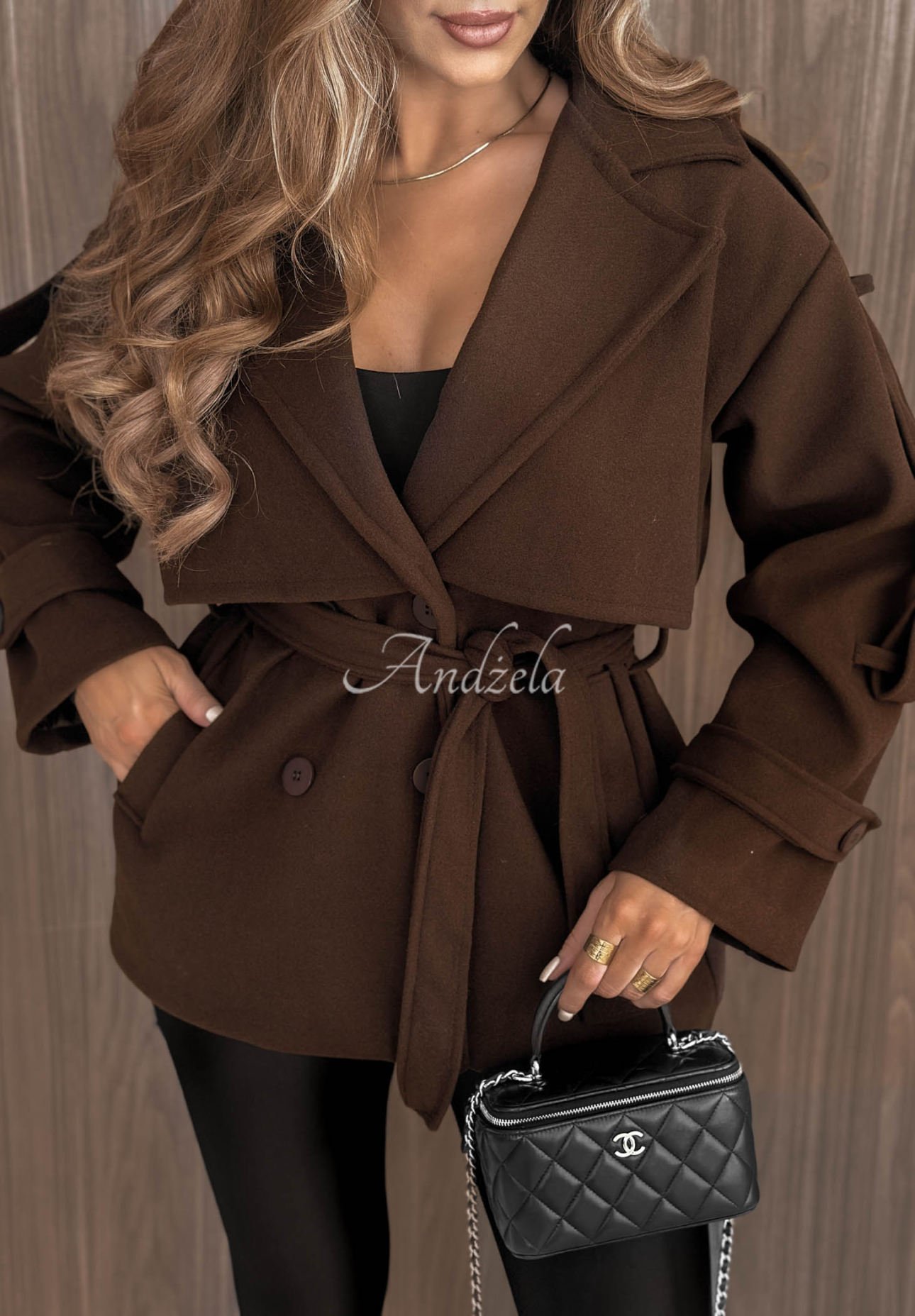 Timeless Charm Short Double-Breasted Coat with Collar in Chocolate Brown