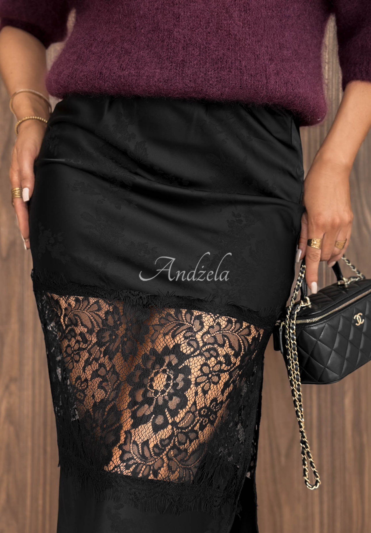 Autumn Desire Black Satin Midi Skirt with Lace