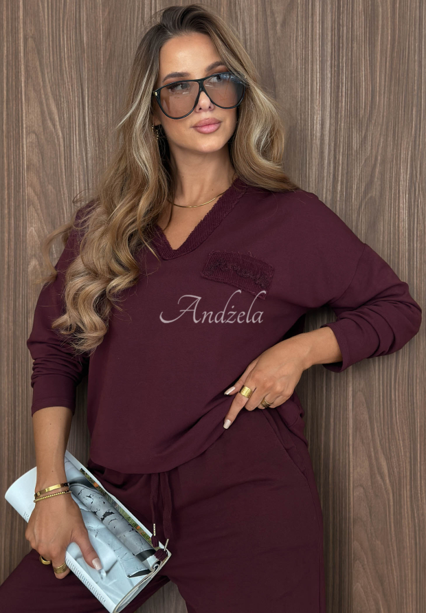 Bawełniana bluza z dekoltem w serek Soft Mood jagodowa
