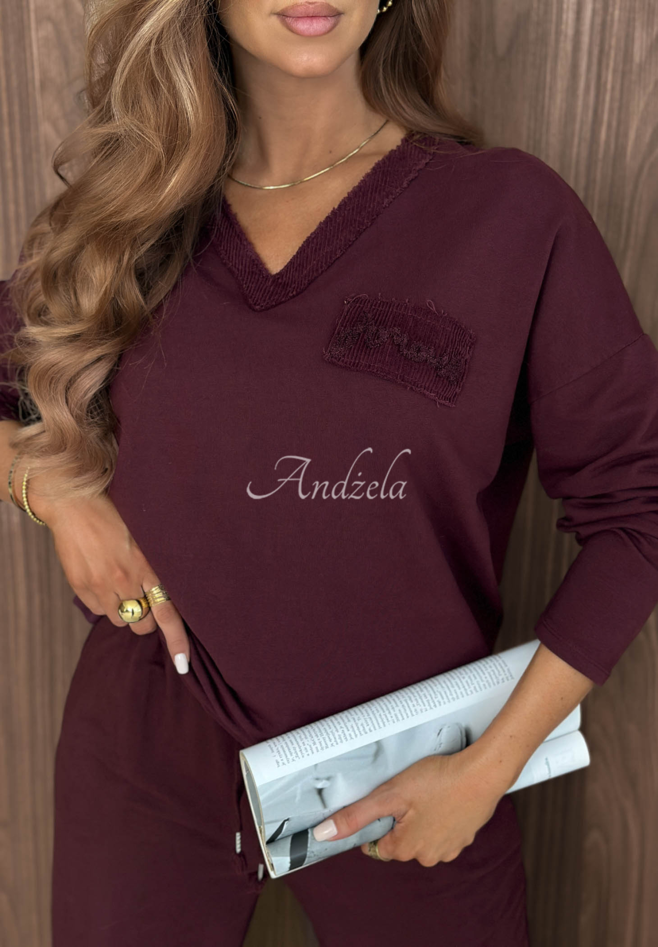 Soft Mood Cotton Sweatshirt with V-Neck, Berry Blue