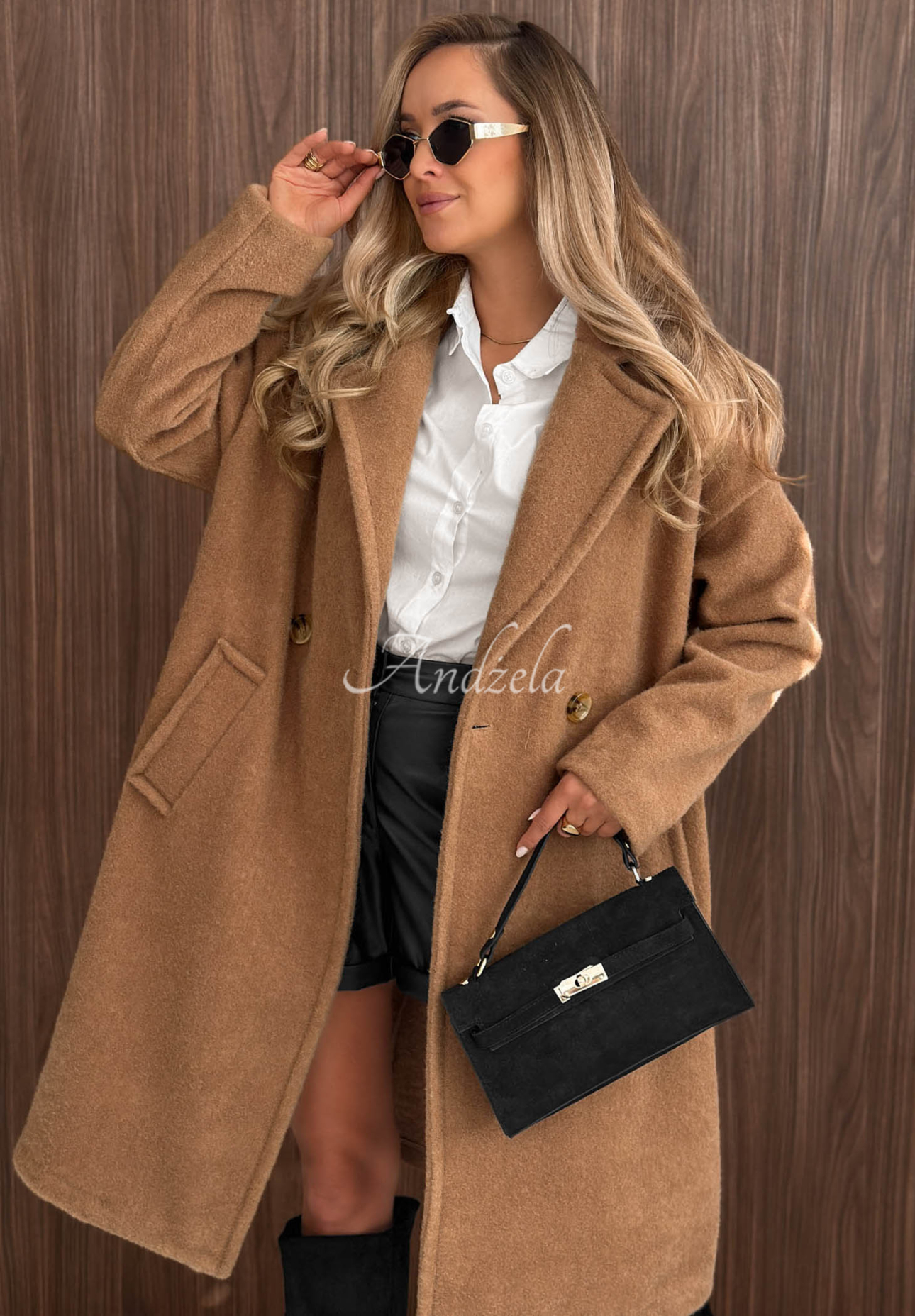 Warm Story Long Shearling Coat with Wool and Viscose, Camel