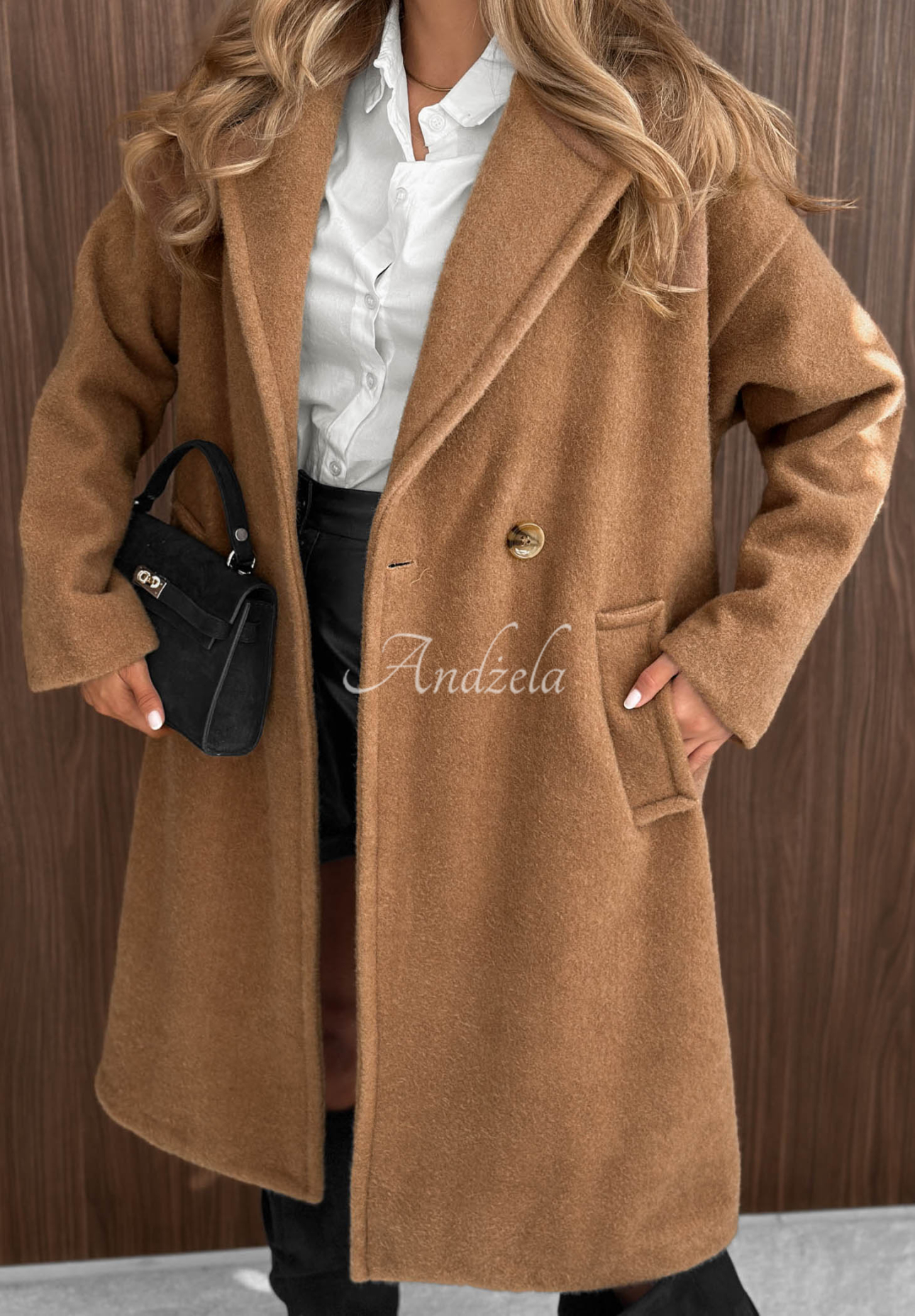 Warm Story Long Shearling Coat with Wool and Viscose, Camel