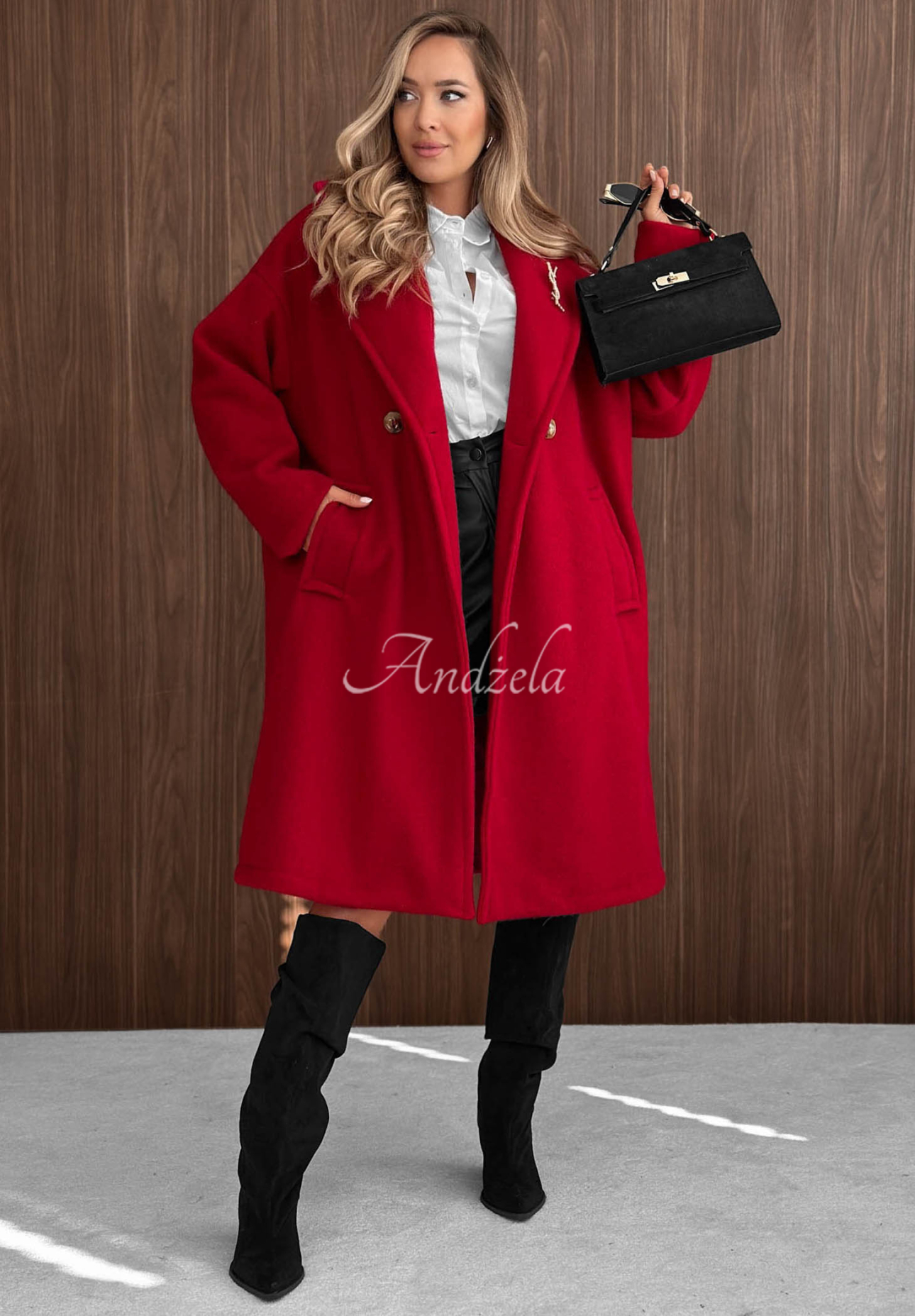 Warm Story Long Sheepskin Coat with Wool and Viscose, Red