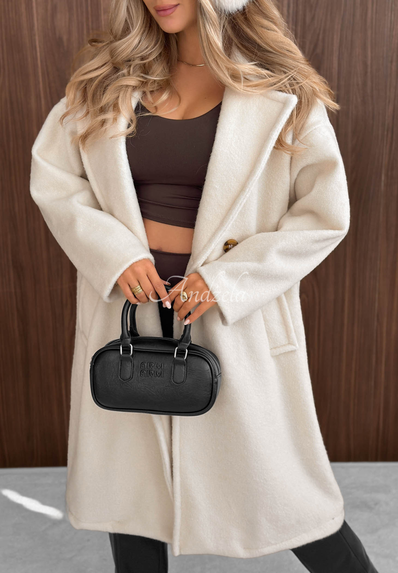 Warm Story Long Shearling Coat with Wool and Viscose, Ecru