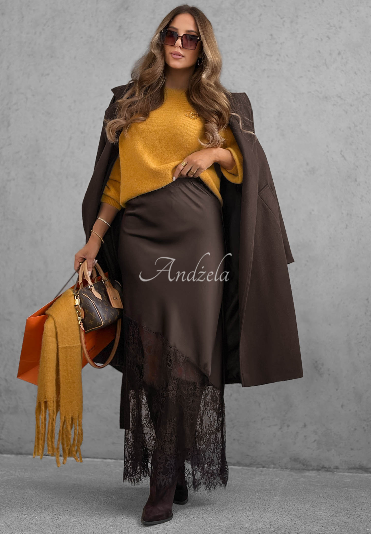 Velvet Kiss Chocolate Satin Maxi Skirt with Lace
