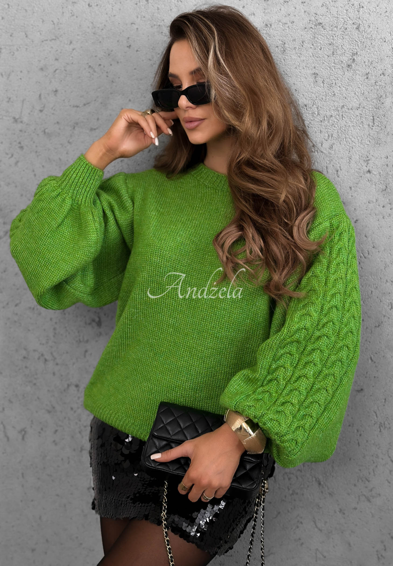 Sweter z wełną z ozdobnie plecionymi rękawami Comfort First zielony