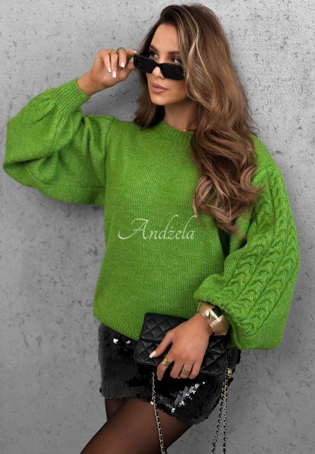 Sweter z wełną z ozdobnie plecionymi rękawami Comfort First zielony