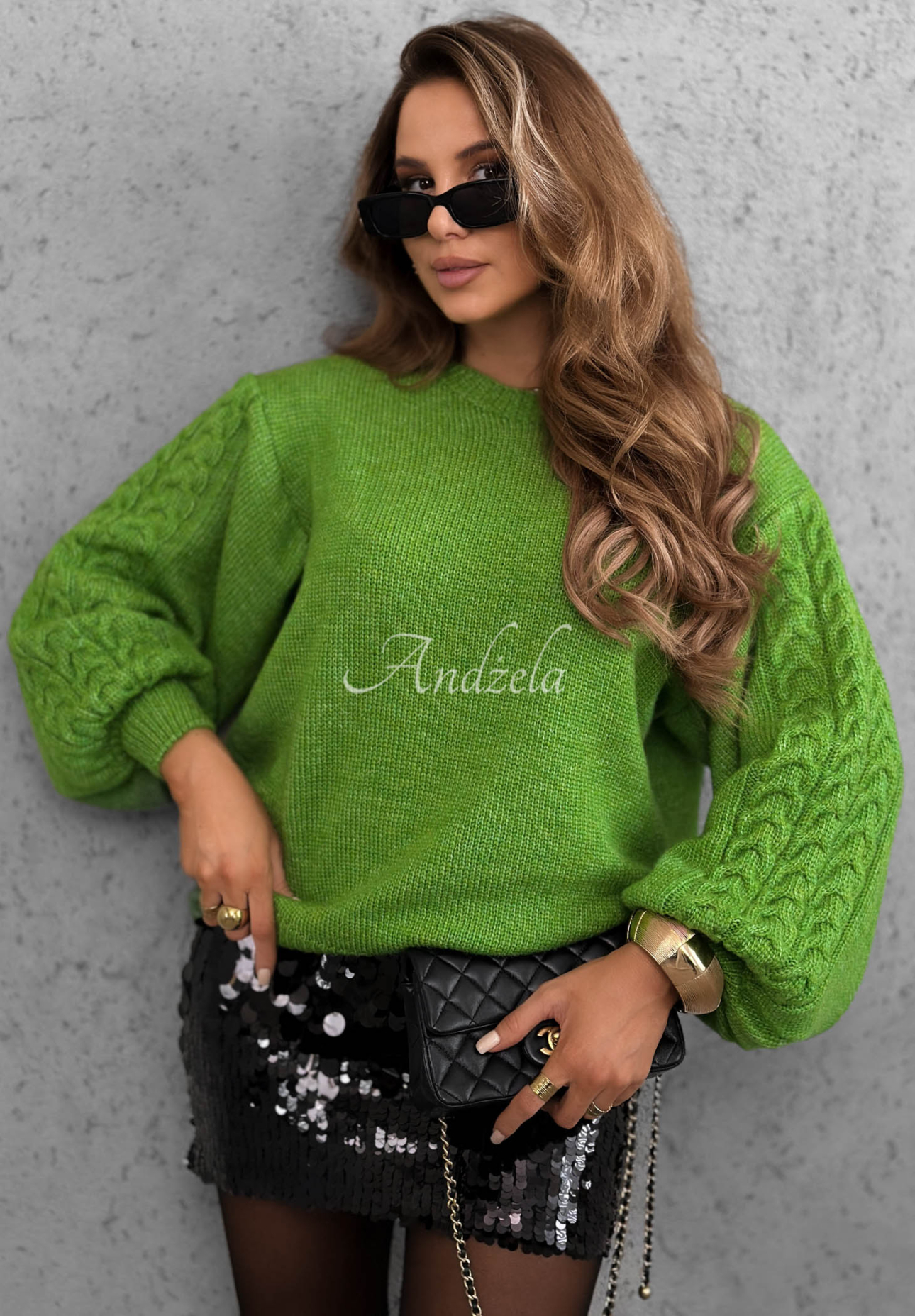 Sweter z wełną z ozdobnie plecionymi rękawami Comfort First zielony