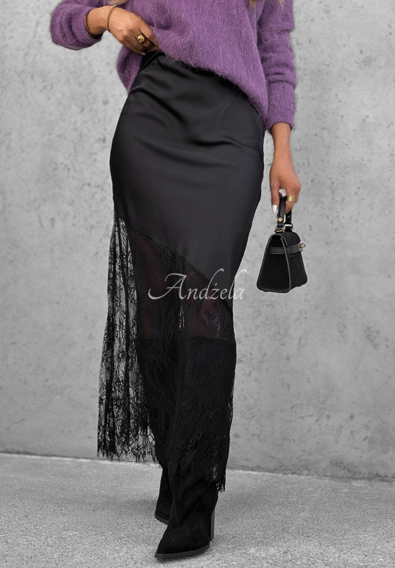 Velvet Kiss Black Satin Maxi Skirt with Lace