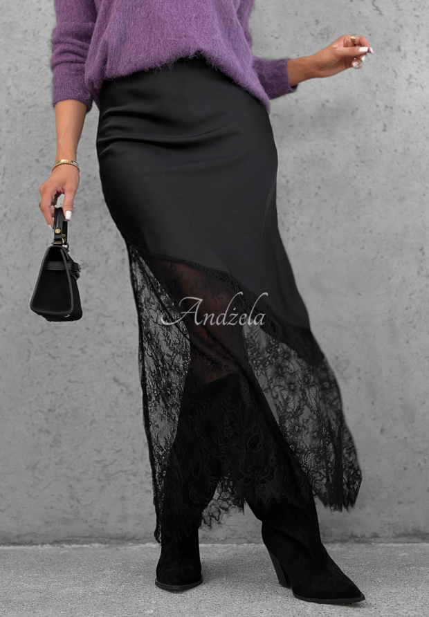 Velvet Kiss Black Satin Maxi Skirt with Lace