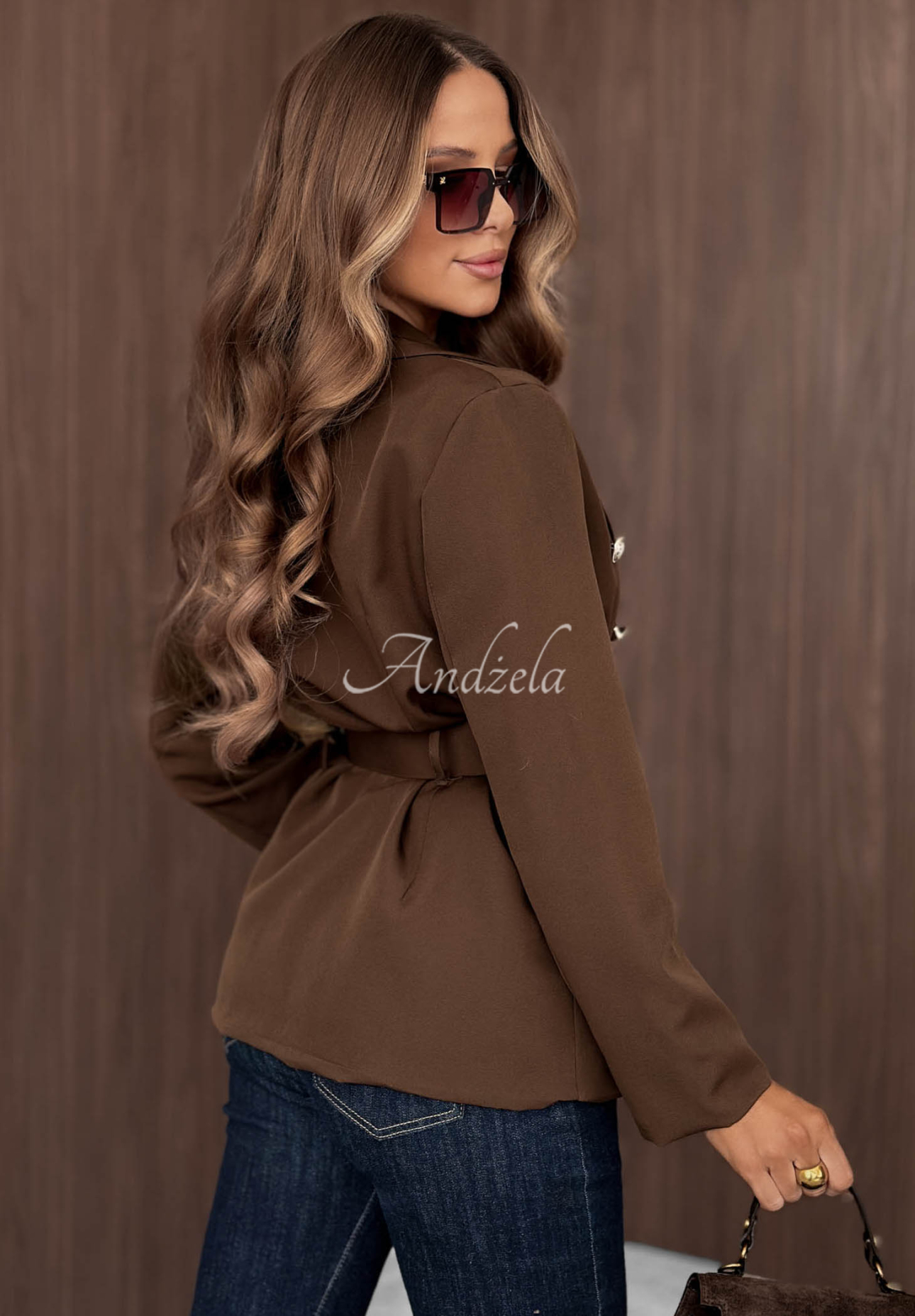Elegancka marynarka z paskiem Coffee Date czekoladowa