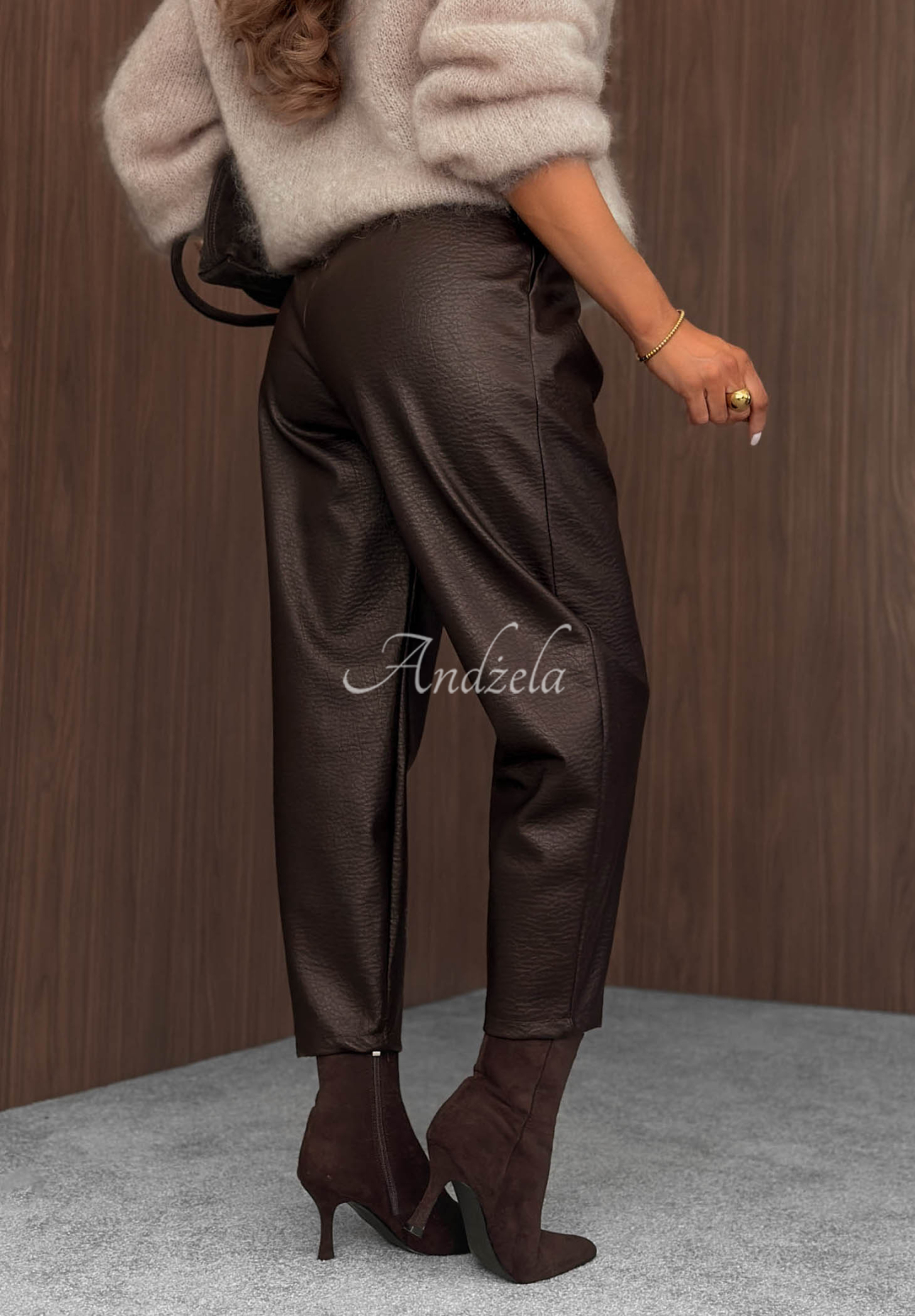 Pretty Autumn Chocolate-Colored Mom-Fit Leather Pants with a Belt