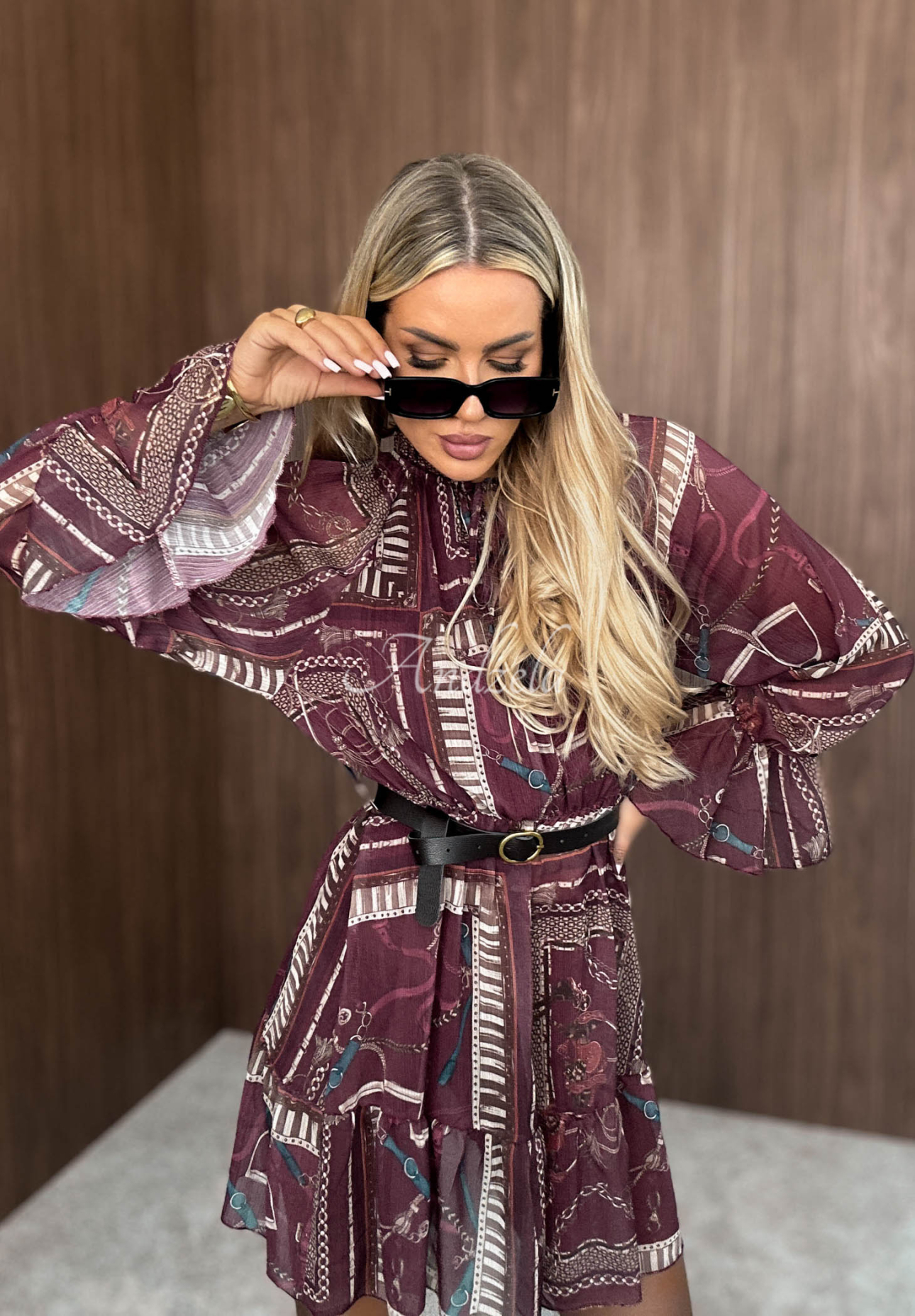 Autumn Memory Burgundy Patterned Mini Dress with Ruffles
