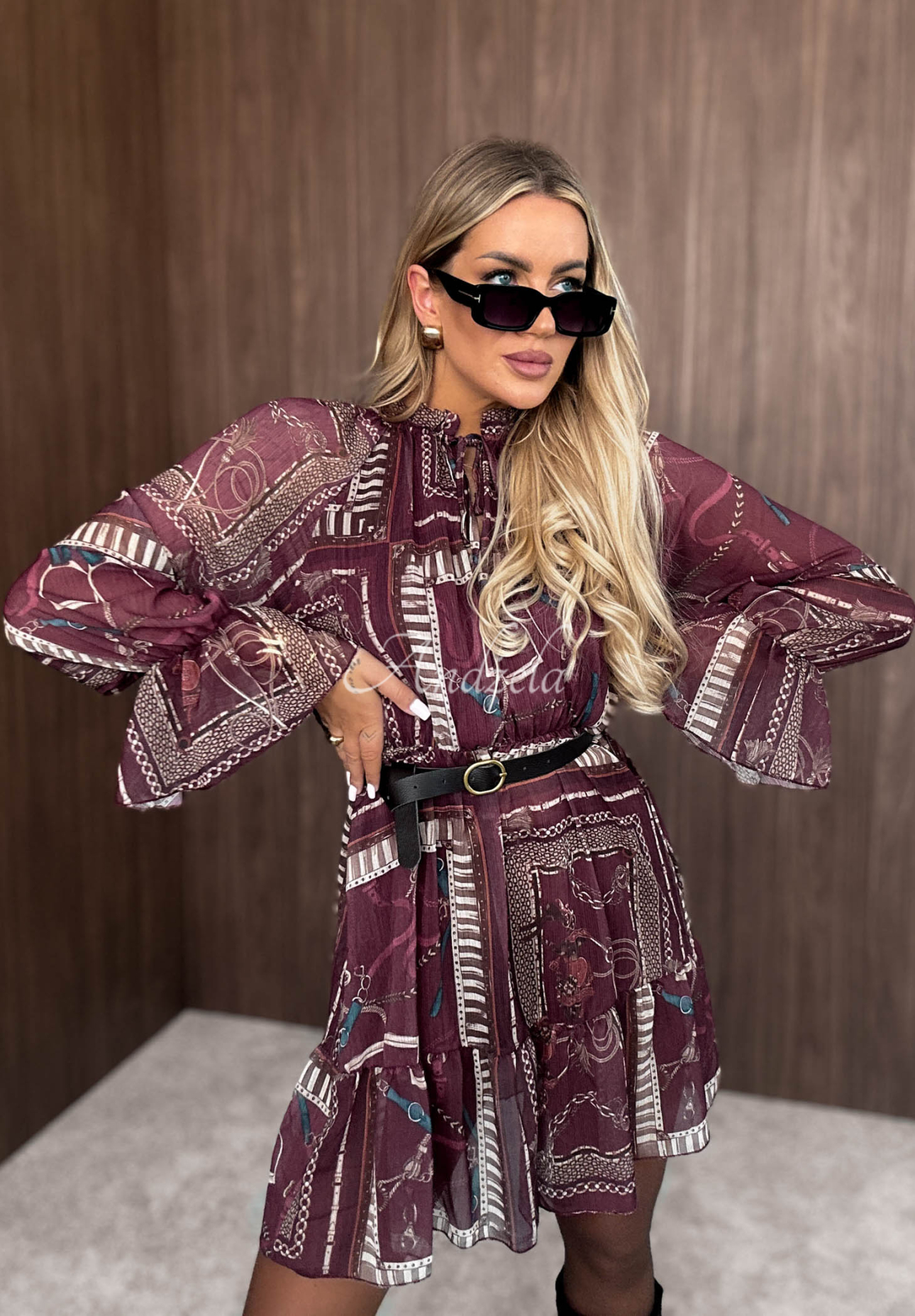 Autumn Memory Burgundy Patterned Mini Dress with Ruffles