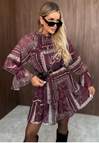 Wzorzysta sukienka mini z falbankami Autumn Memory burgundowa