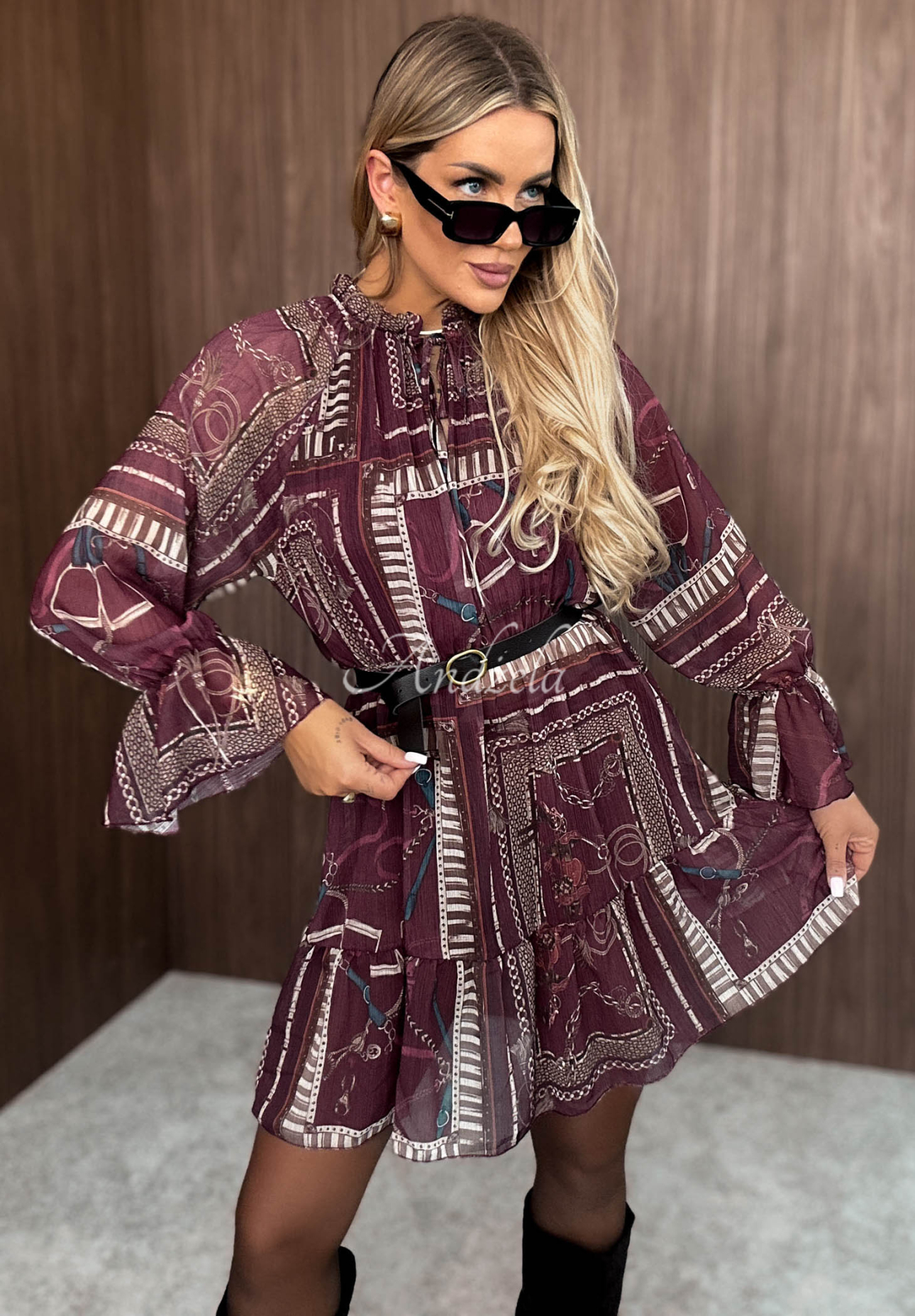 Autumn Memory Burgundy Patterned Mini Dress with Ruffles