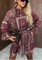 Wzorzysta sukienka mini z falbankami Autumn Memory burgundowa