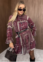 Wzorzysta sukienka mini z falbankami Autumn Memory burgundowa