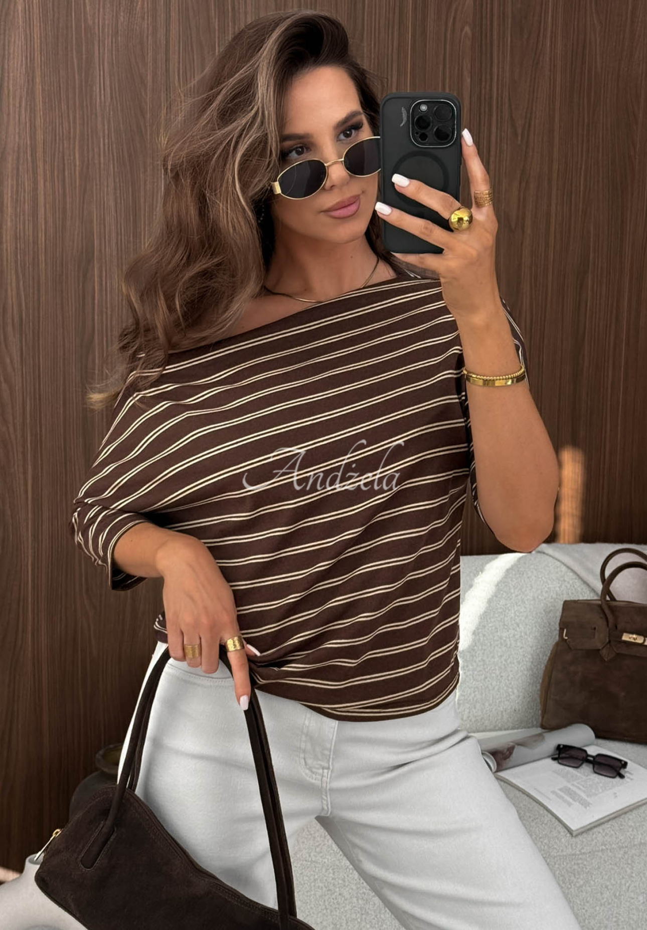 Soft Nostalgia Chocolate-Colored Striped Cotton Blouse