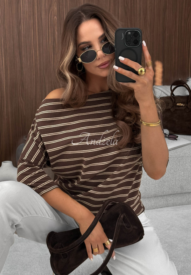 Soft Nostalgia Chocolate-Colored Striped Cotton Blouse