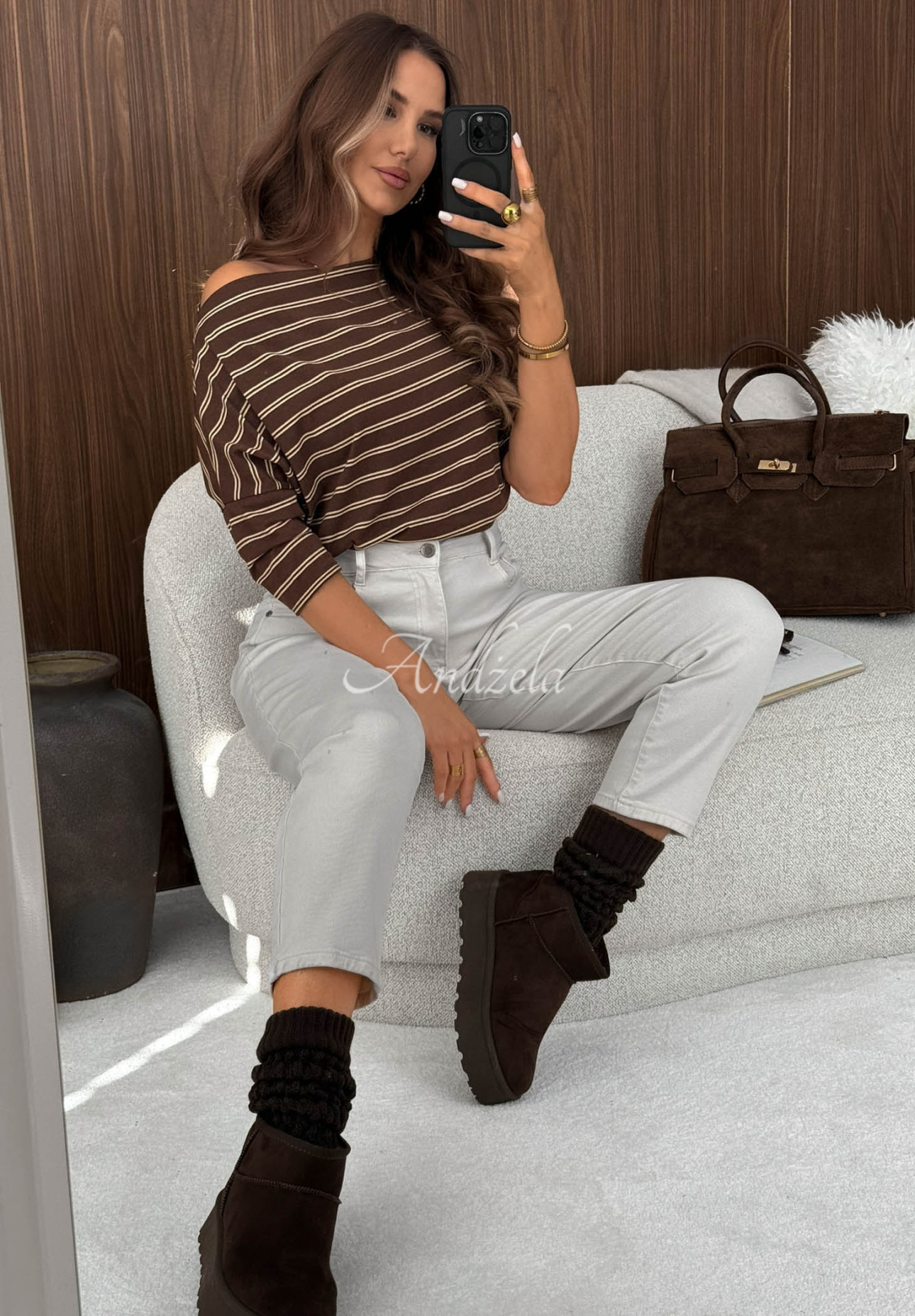 Soft Nostalgia Chocolate-Colored Striped Cotton Blouse