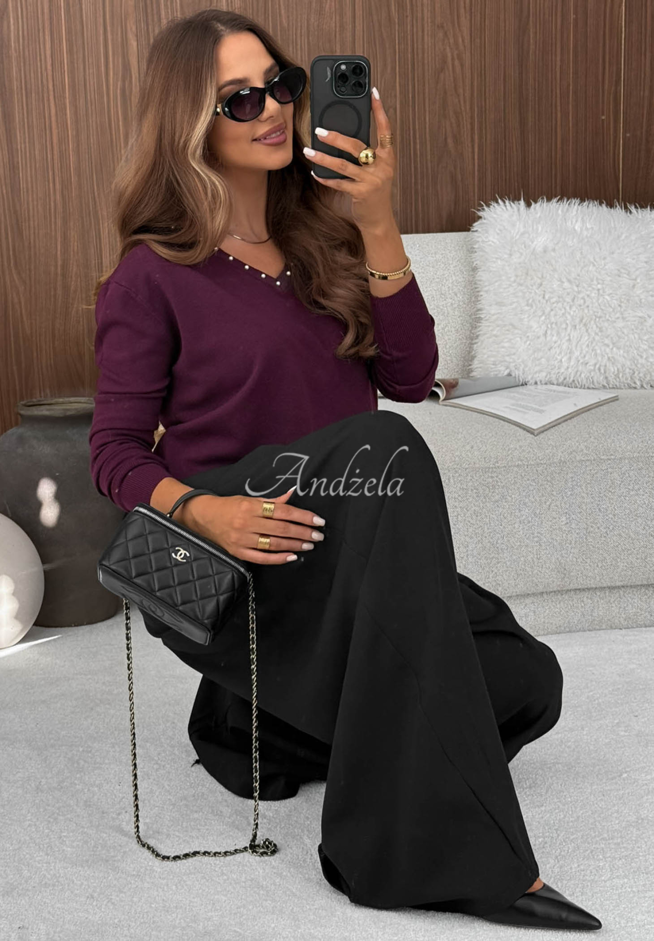 Daily Chill Short Viscose Sweater with Embellished Neckline in Berry