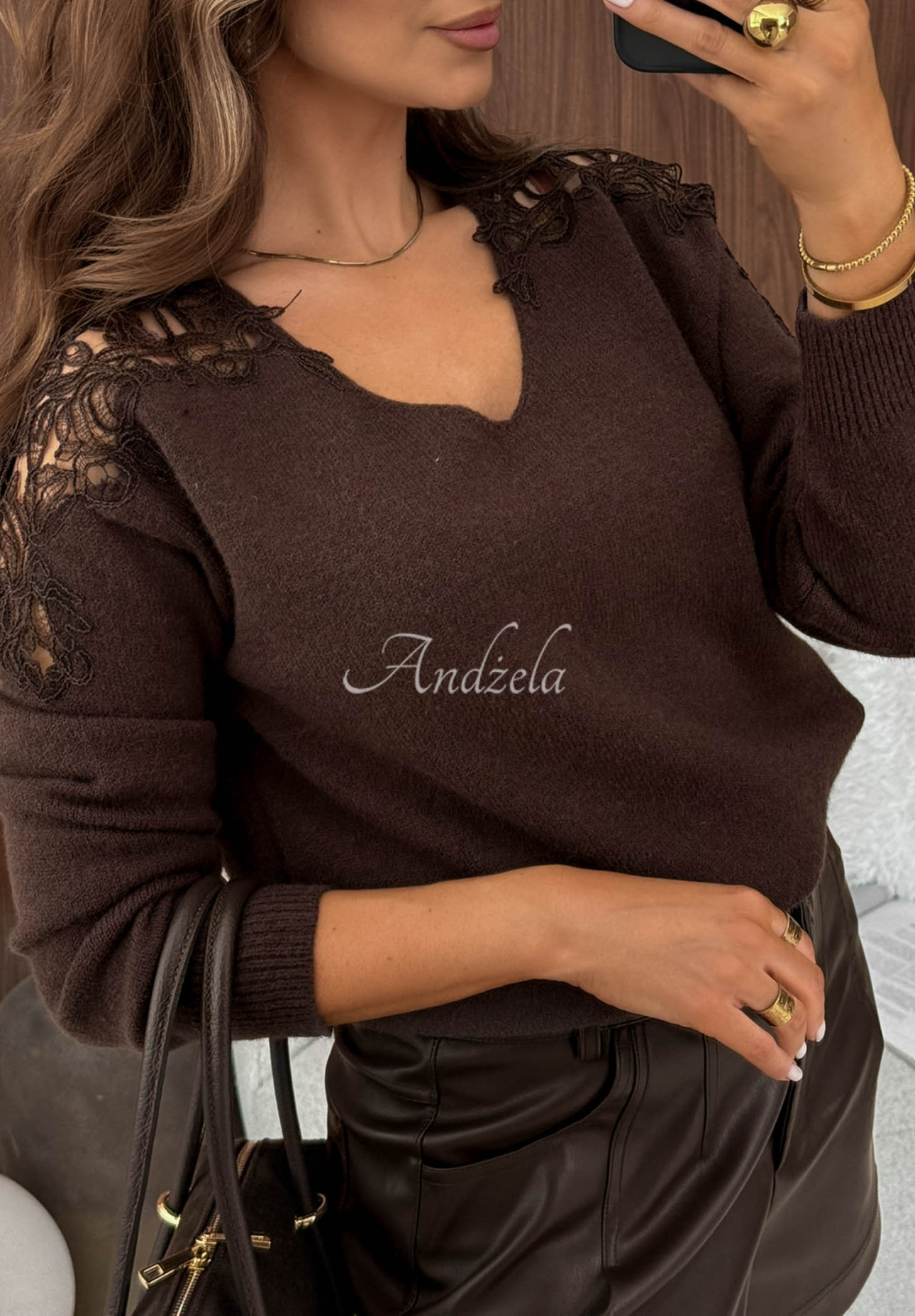 Foggy Streets Chocolate-Colored Viscose Sweater with Lace