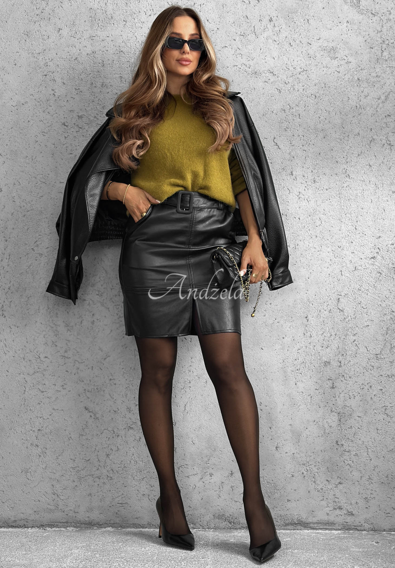 Soft Desire Black Leather Skirt with Slit and Belt