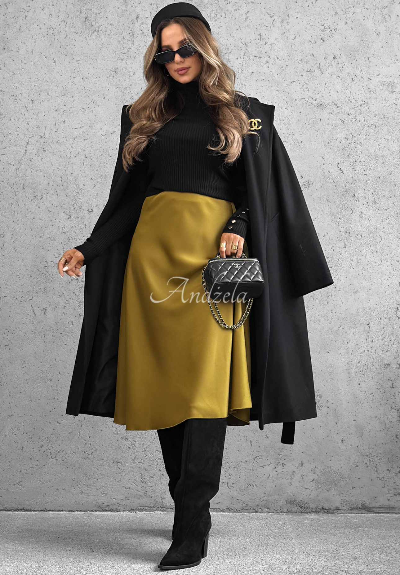Long Weekend Olive-Colored Satin Viscose Midi Skirt